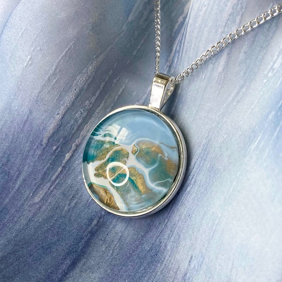 NEW Blue and Silver Artistic Ocean Wave Pendant Necklace Shimmer Wearable Art - Picture 1 of 7